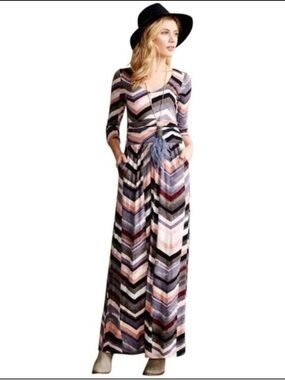 Anthropologie Maeve Medium MultiColor Novella Chevron Boho Maxi Casual Dress